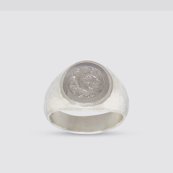 Malcolm Betts - Silver & Platinum Round Signet Engraved Ring