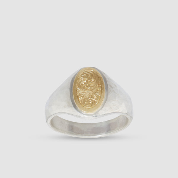 Malcolm Betts - Silver & 18K Yellow Gold Oval Signet Engraved Ring