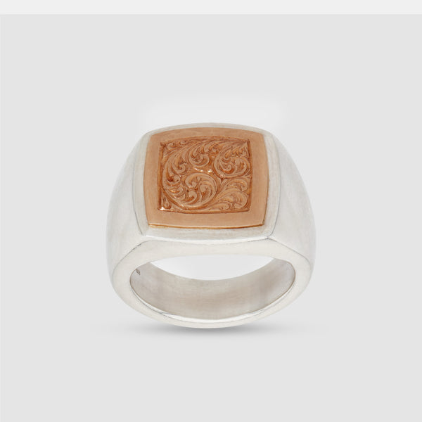 Malcolm Betts - Square Silver Signet Ring with Engraved Rose Gold