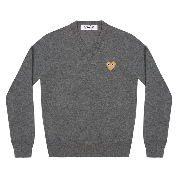 Play - Gold Heart V-Neck Sweater - (Mid Grey)