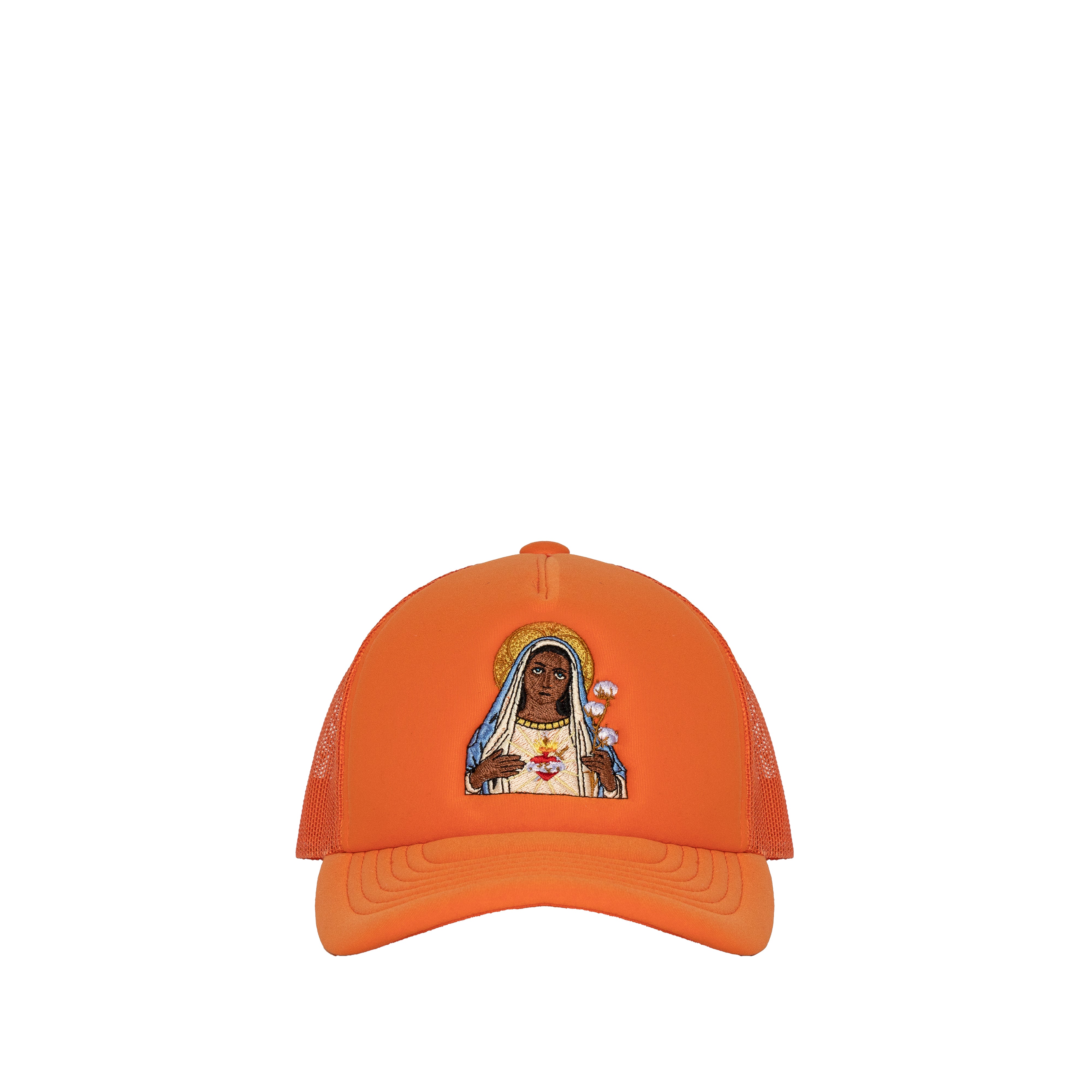 Denim Tears Men's Black Madonna Trucker Hat (Orange) | Dover
